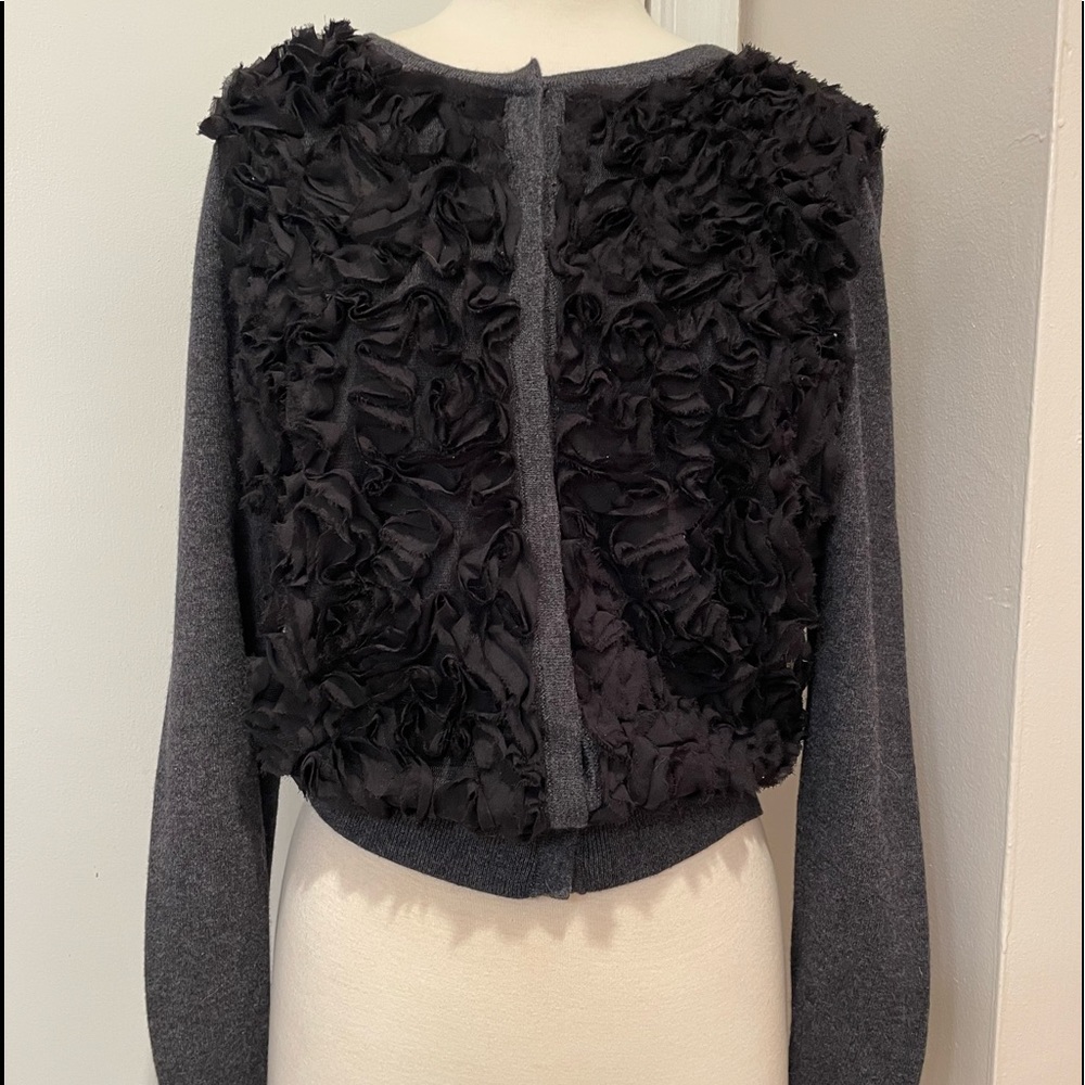 Lovely Ann Taylor Loft Cardigan Gray with Black Ruffles.